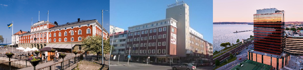 Bilden föreställer ett stort, pampigt rostfärgat hotell med flaggor. Det är EliteStora Hotellet