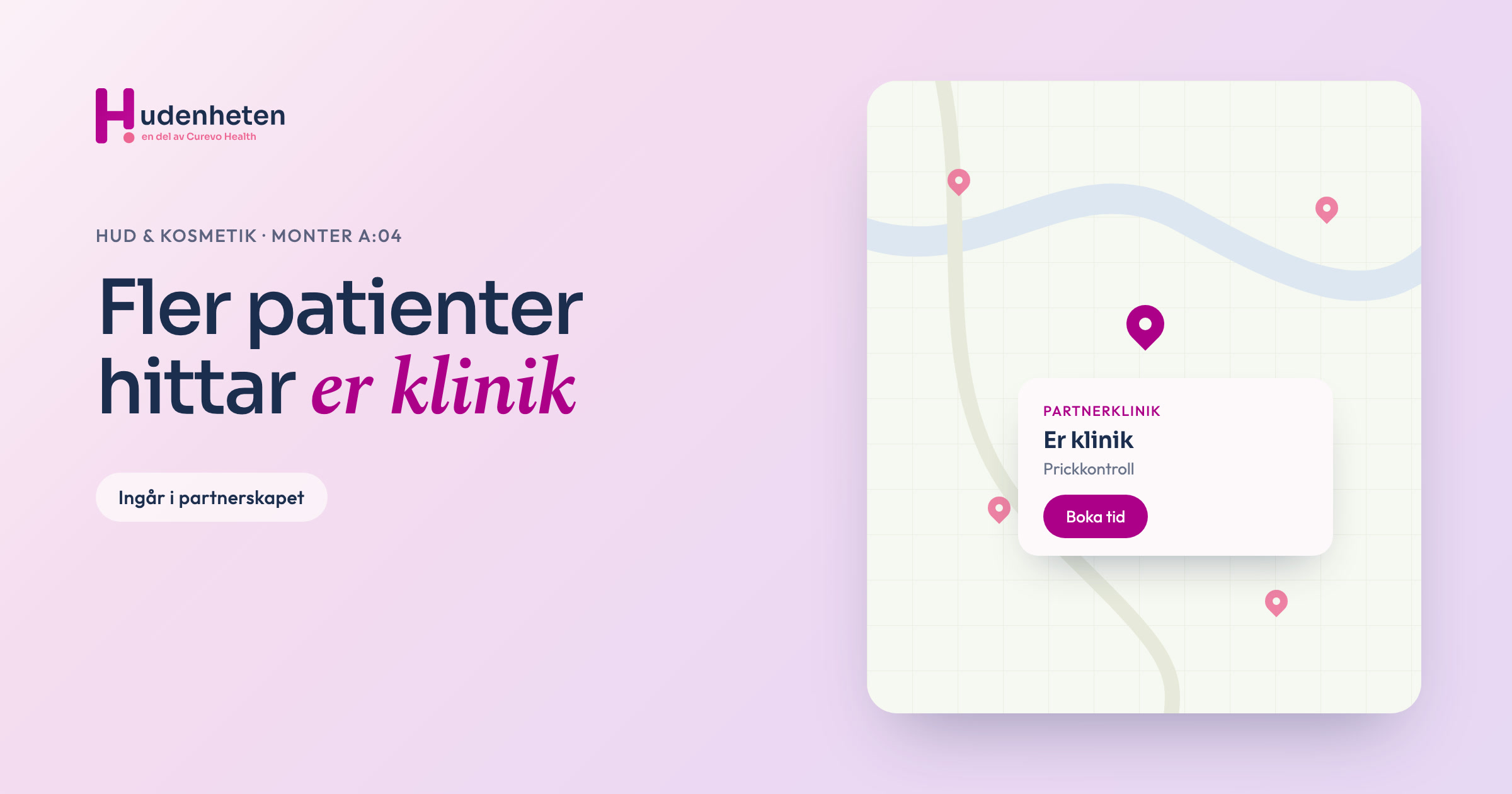 Karta med Hudenhetens partnerkliniker och en bokningsknapp